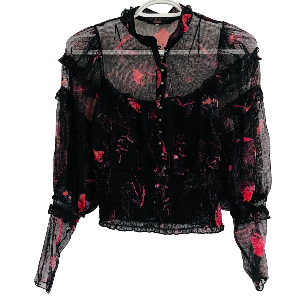 Free People Time for Shine Black Floral Mesh Smocked Blouse Sheer Top Fairy SM